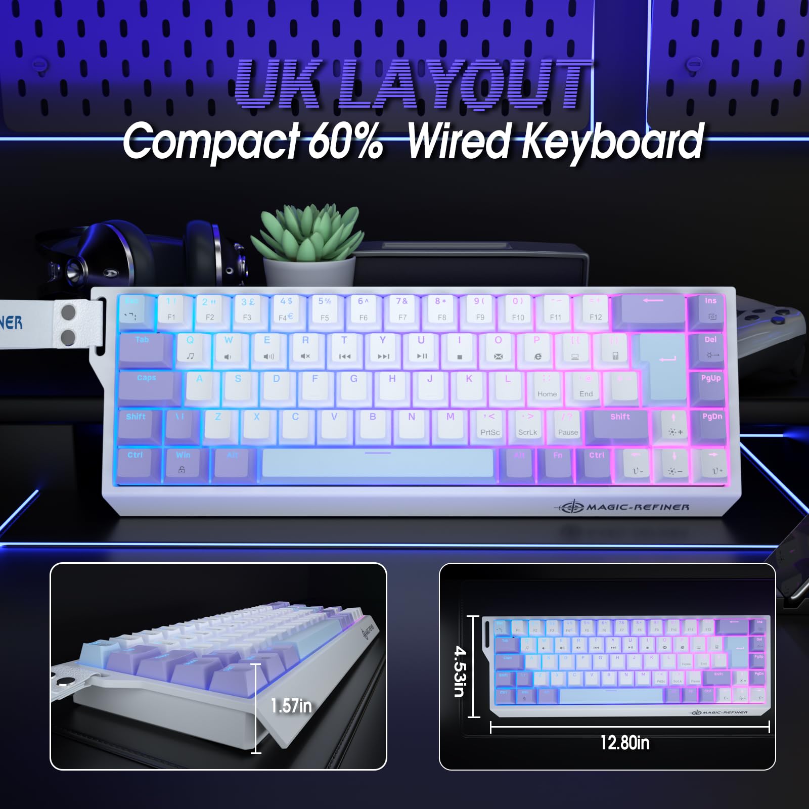 LexonElec MAGIC-REFINER X68 HE Tastiera Meccanica da Gaming Rapid Trigger 8000Hz, QWERTY Layout 60% Backlit RGB Cablata, Precisione RT di 0,04mm, Magnetic Switch, Attuazione Regolabile - Viola