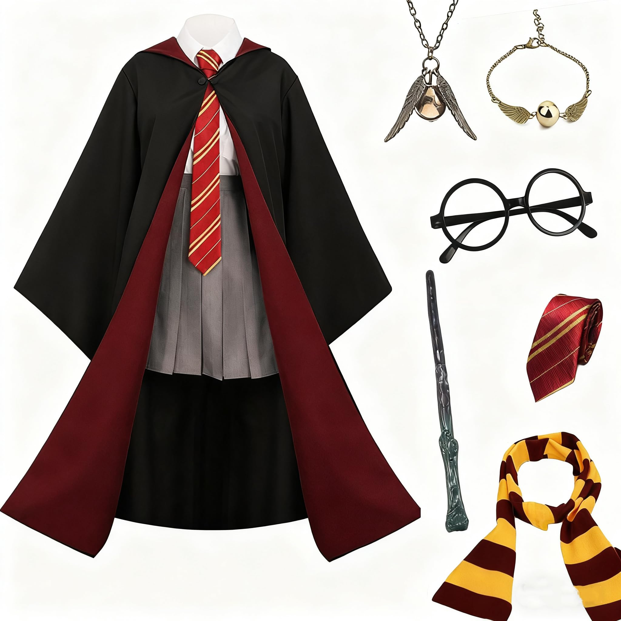 [Yi-gog] ハリー魔法ローブ 子供 コスプレ 衣装 7点セットローブ眼鏡 + ネクタイ 杖スカーフ+ネックレス腕輪ハロウィン 仮装 男女兼用 誕生日 クリスマス ギフト