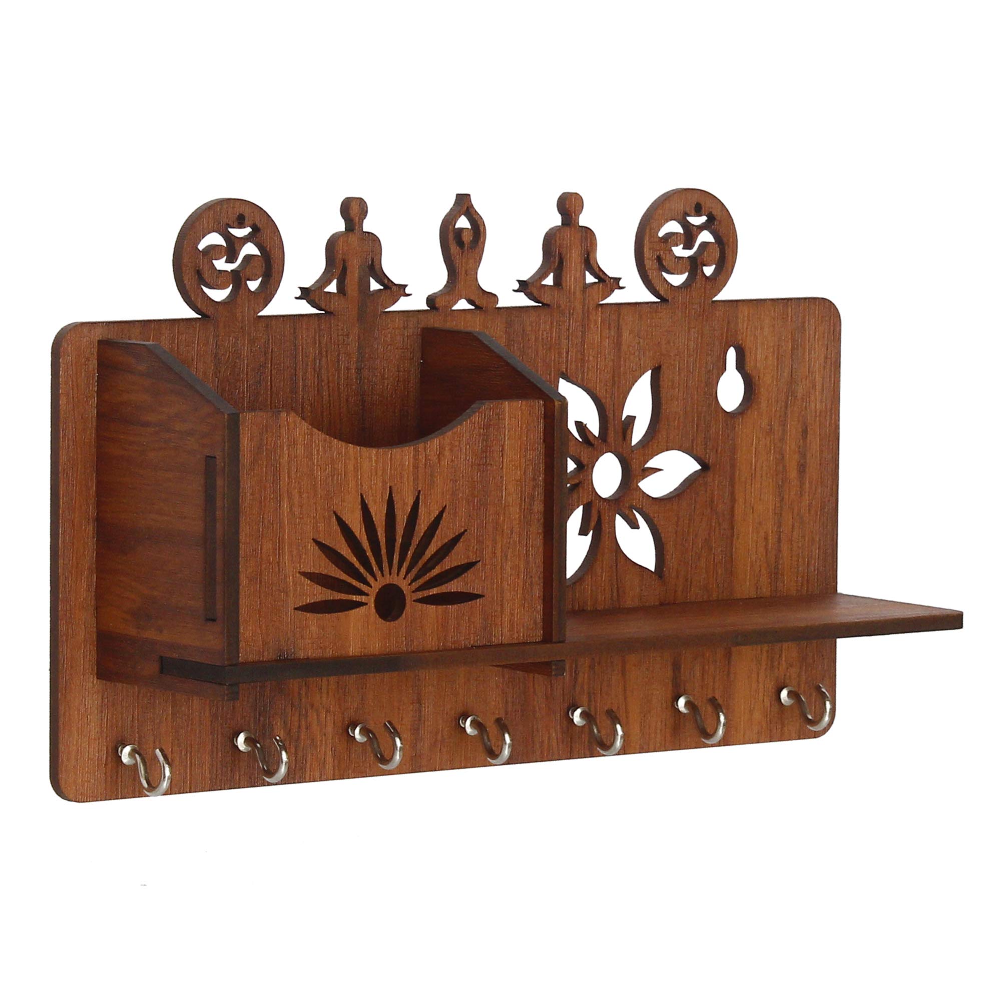 CAPIO ART Wooden Key Holder for Home Decor Stylish | Key Hangers for Wall | Decorative Key Stand for Wall | Key Chain Holder with Mobile Stand | 7 Hooks & Shelf, 10" By 6" | Office Key Holder | Brown 1