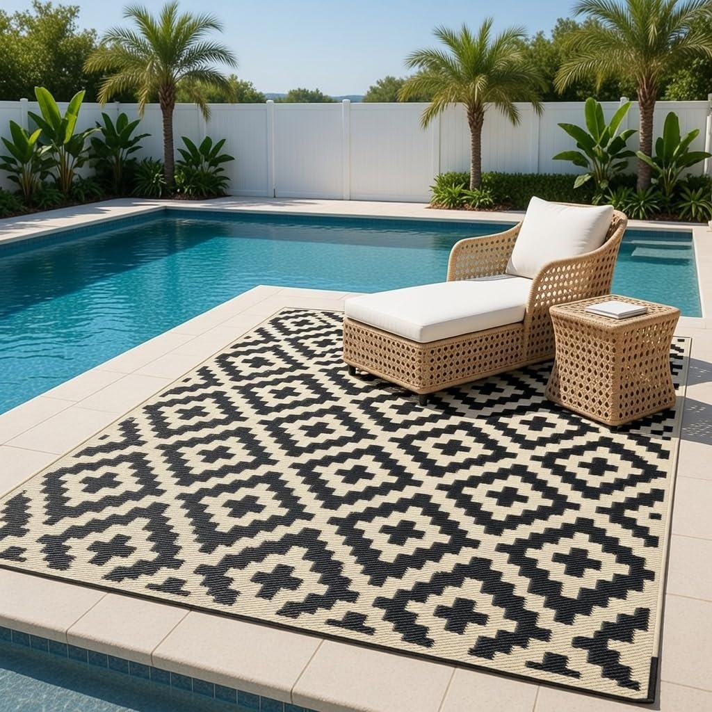 Outdoor Rug Waterproof Plastic Straw - 4x6 FT Area Rugs for Patio Clearance, RV Camping Essentials Mat for Deck, Garden, Backyard Outdoor Furniture Set, Black & Beige