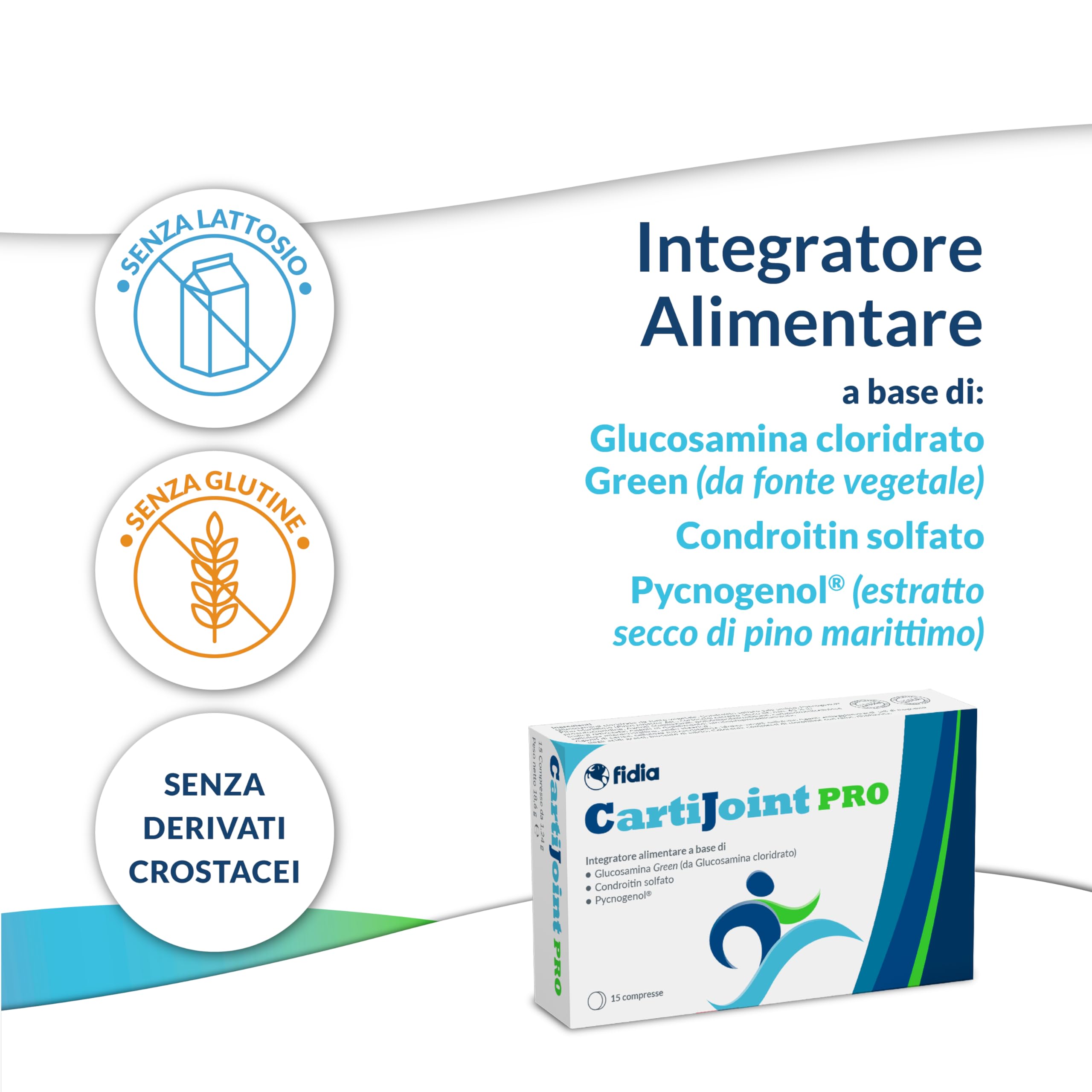 Fidia Farmaceutici CartiJoint PRO - 15 Compresse, Integratore a Base di Glucosamina Cloridrato Green, Condroitin Solfato e Pycnogenol®, Senza Glutine e Lattosio, Adatto per Allergici ai Crostacei
