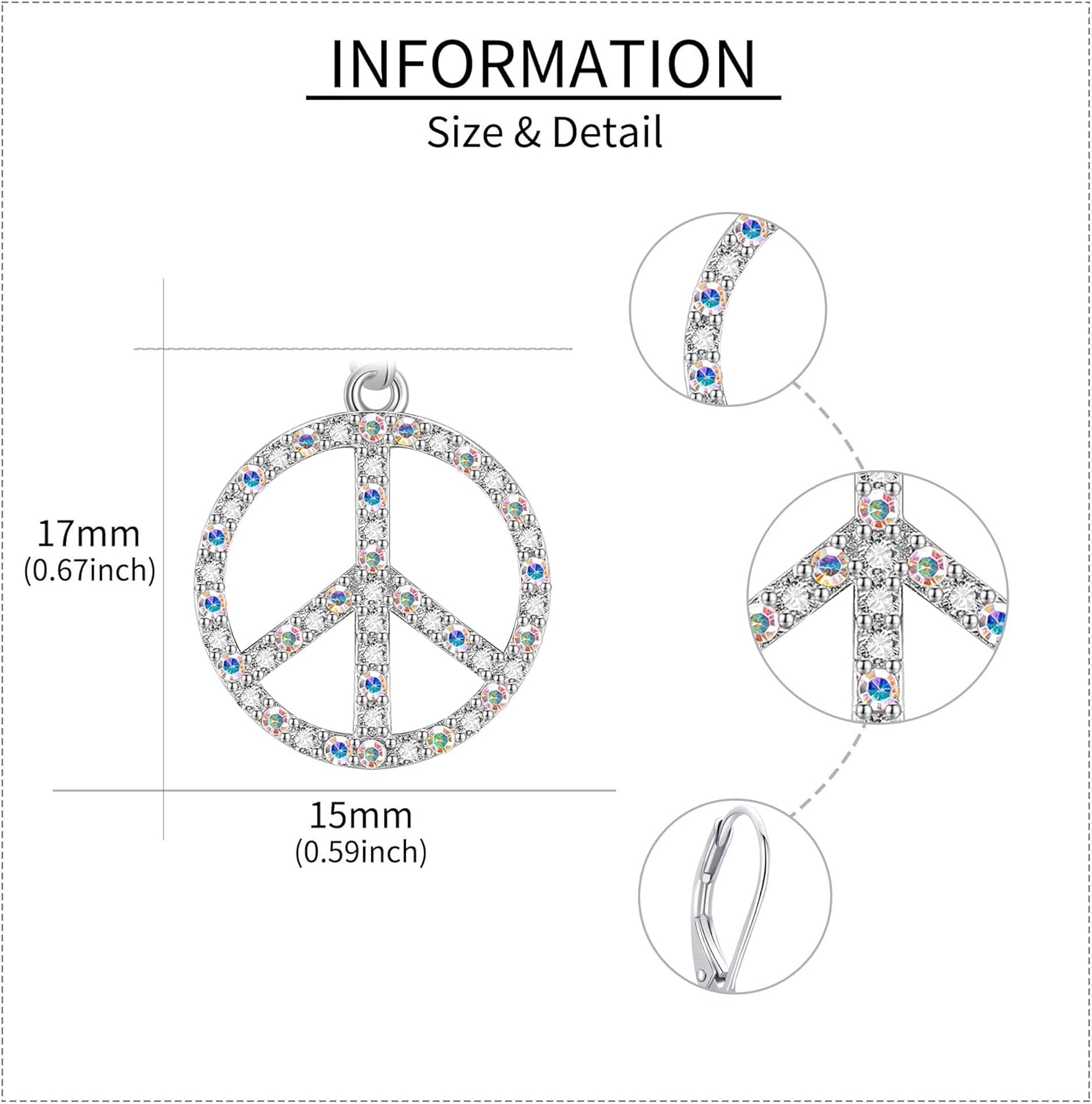 Peace Sign Earrings 925 Sterling Silver Colorful Rainstone Peace Sign Drop Earring for Women Hippie Accessories Jewelry for Women
