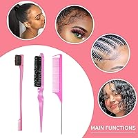 Vista 7 de Juego de 3 piezas de peines para peinar el cabello, cepillo de cardado, peine cola de rata, cepillo de bordes para cepillado de bordes y parte Rosa