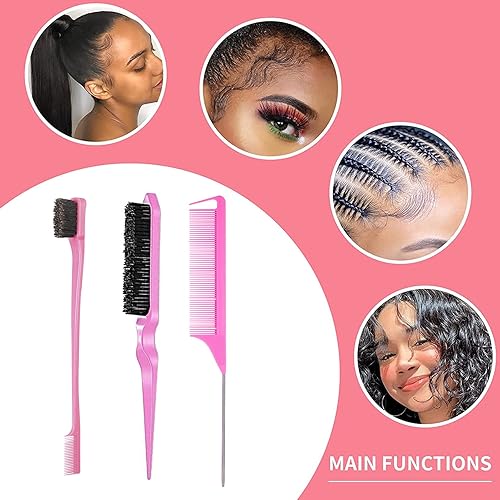 Vista 7 de Juego de 3 piezas de peines para peinar el cabello, cepillo de cardado, peine cola de rata, cepillo de bordes para cepillado de bordes y parte Rosa