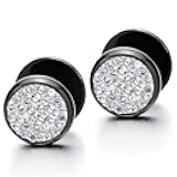 Mens Womens Stud Earrings Steel Cheater Fake Ear Plugs Gauges Screw Back with Cubic Zirconia, 2pcs