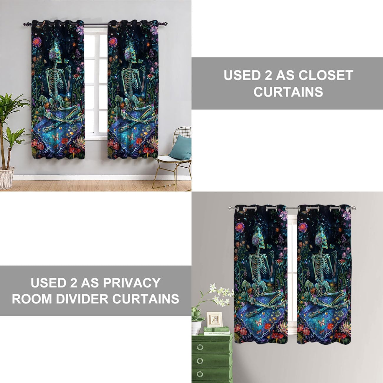 Mushroom Skeleton Doorway Curtain, Garden Flowers Psychedelic Decor Door Curtain for Kids Boys Girls Teens Bedroom Living Room Closet, 1 Panel 34" W X 80" L
