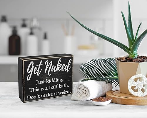 Miniatura 3 de Pigort Letreros divertidos de baño con texto en inglés Get Naked, reglas de decoración de granja, letreros de madera de 5 x 6 x 1.8 pulgadas