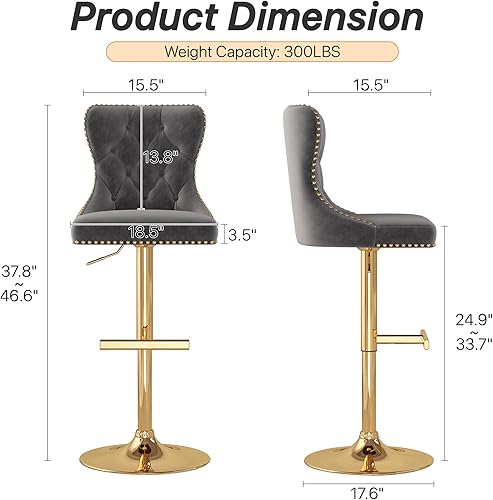 Miniatura 3 de Juego de 2 taburetes de bar, taburetes giratorios de terciopelo con respaldo copetudo, asiento ajustable con ribete de cabezas de clavos, sillas de