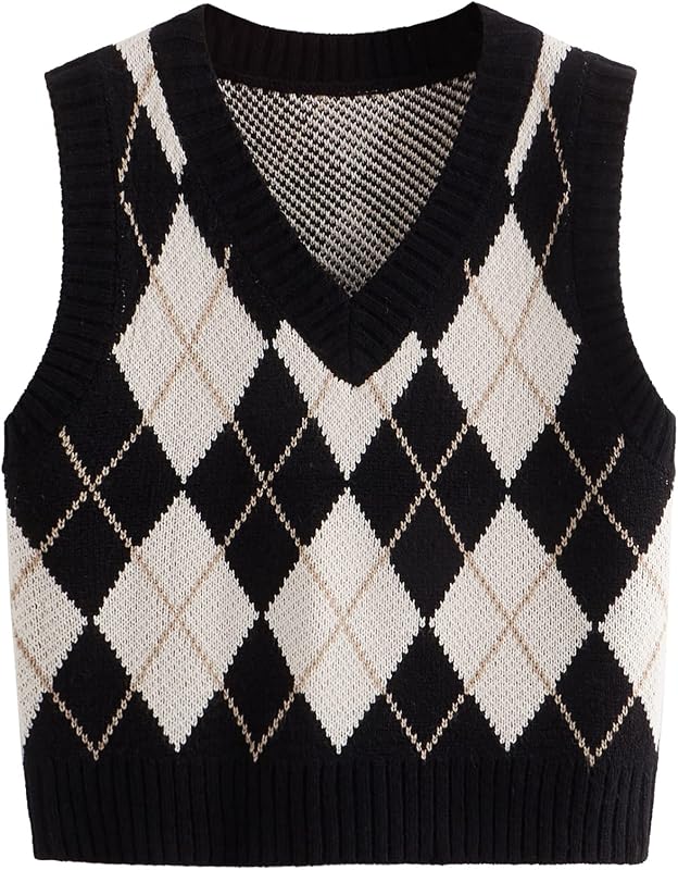 Women's Plaid Geo Sleeveless V Neck Knit Crop Top Sweater Vest