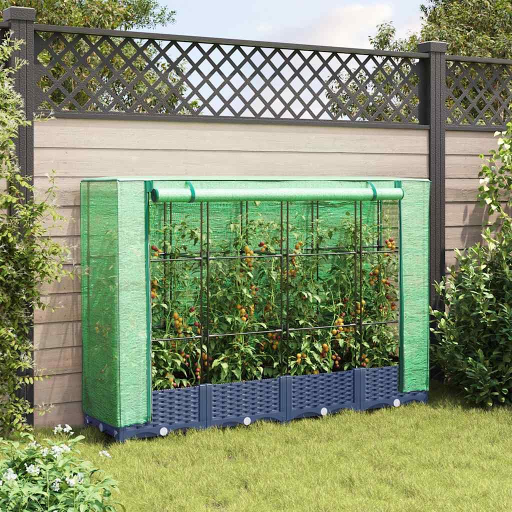 Carré Potager Surélevé avec Serre Aspect Rotin 160x40x123 cm Bleu-Gris - Bac à Fleurs Extérieur en Polypropylène avec Housse en Polyéthylène et Structure en Fer pour Jardin Balcon Cour