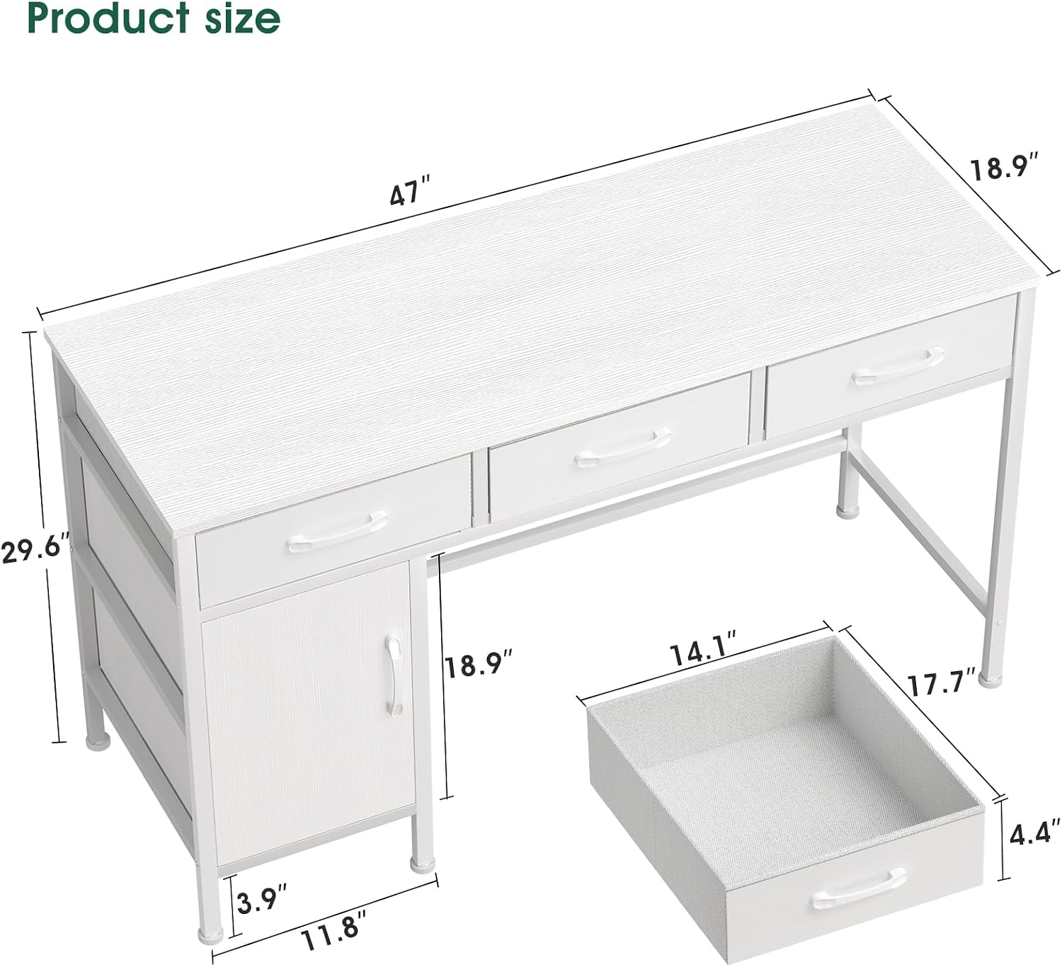 Diagram showing the dimensions of the Korfile 47-Inch White Desk.