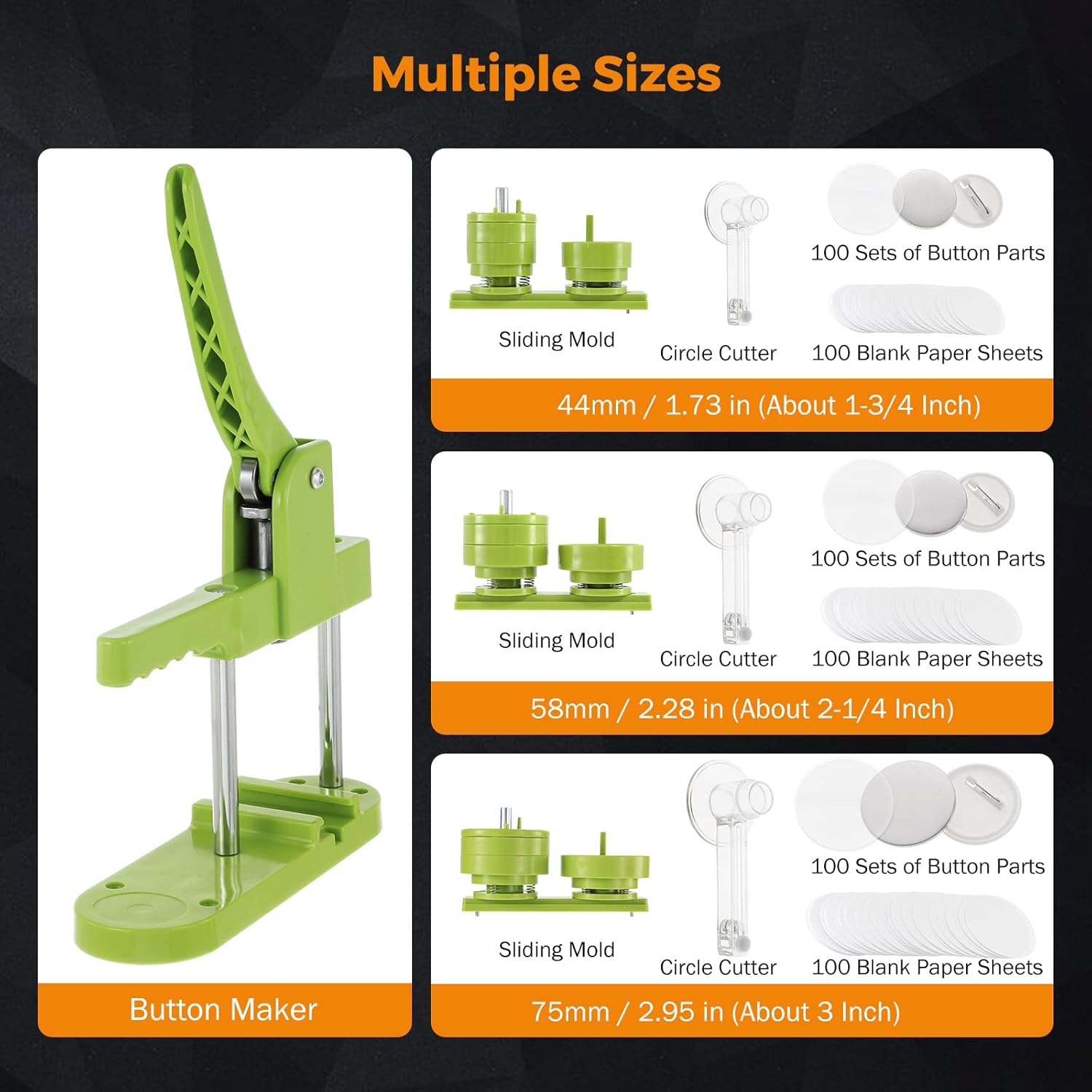 BEAMNOVA Button Maker Machine Multiple Sizes 1.73+2.28+2.95 inch, 44mm 58mm 75mm Sliding Dies, 300 Sets of Button Supplies, Circle Cutter Hand Press Machine Round Pin Badge Maker Kit