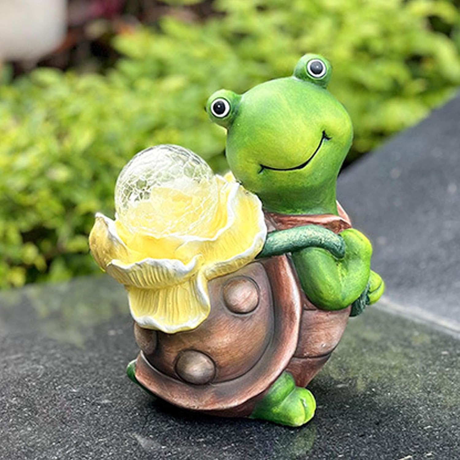 Solar Garden Turtle Statue with LED Light Decorative Cute Turtle Carrying Lantern Design Outdoor Lawn Ornament(Yellow Flower)