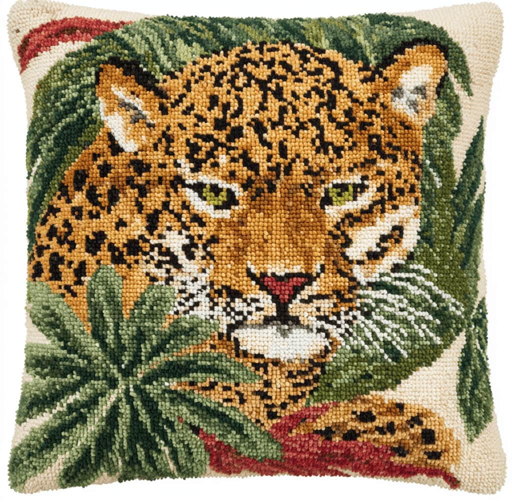 Latch Hook DIY Pillow Kit,Jungle Leopard Handmade Cushion Cover 43X43Cm