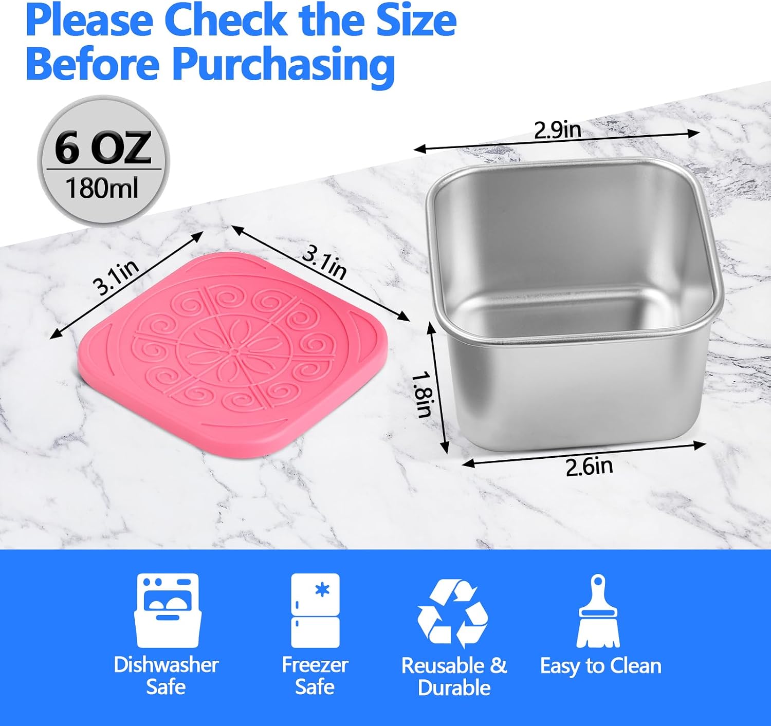 6 Pack 180ml/6oz Stainless Steel Snack Containers with Silicone Lids image 2