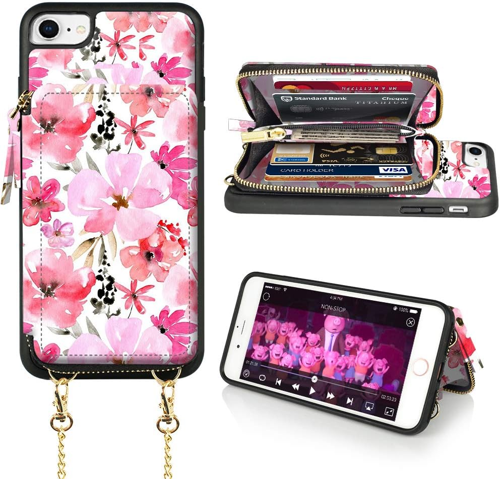 LAMEEKU iPhone Se 2020 Wallet Case, iPhone 8 Card Holder Case, iPhone 7 Floral Pattern Zipper Leather Case with Credit Card Slot, Protective Cover for iPhone Se(2nd)/7/8 4.7''-Cherry Blossoms