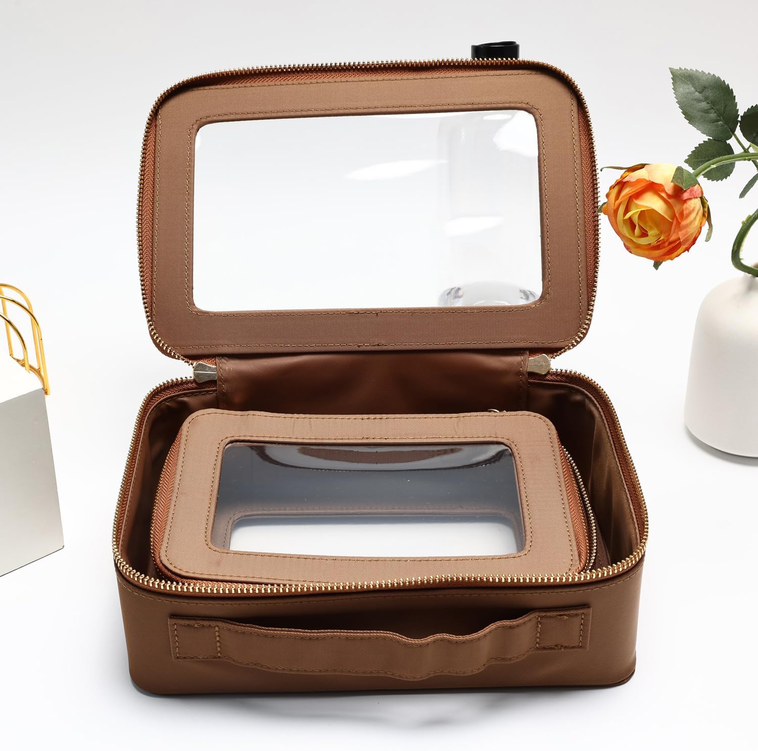 SANHECUN Cosmetic Case with Zipper TSA Approved Storage Box Travel Organizer Pouch Toiletry Portable Makeup Bag Cosmetic Set (2, Brown)