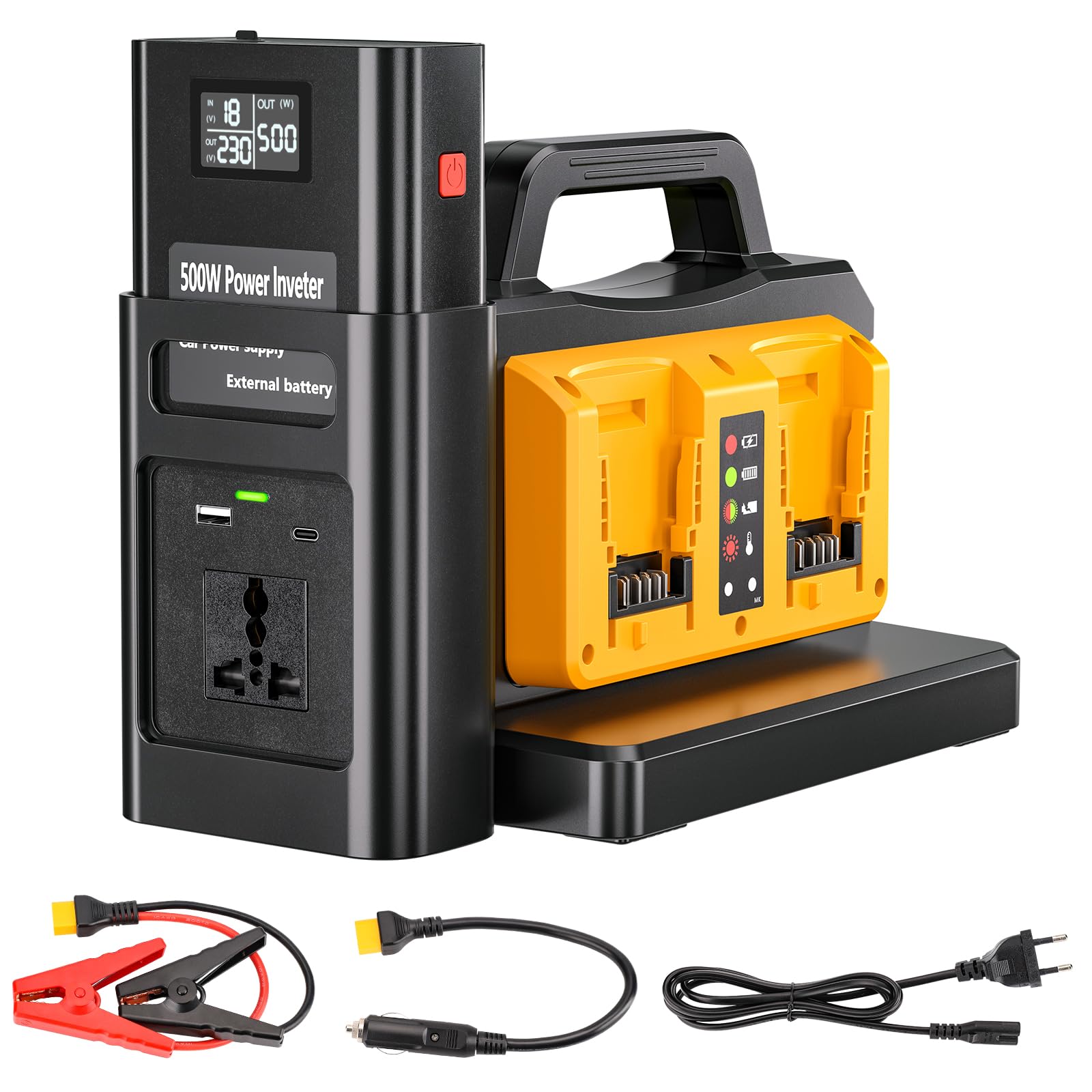 Adisipsoarin Onduleur sinusoïdal Pure 500W pour Batterie DeWalt 18V (Pas de Batterie), convertit 18V CC vers 230V CA, avec Prise de Charge Voiture, pour Camping et urgences (4 Ports)