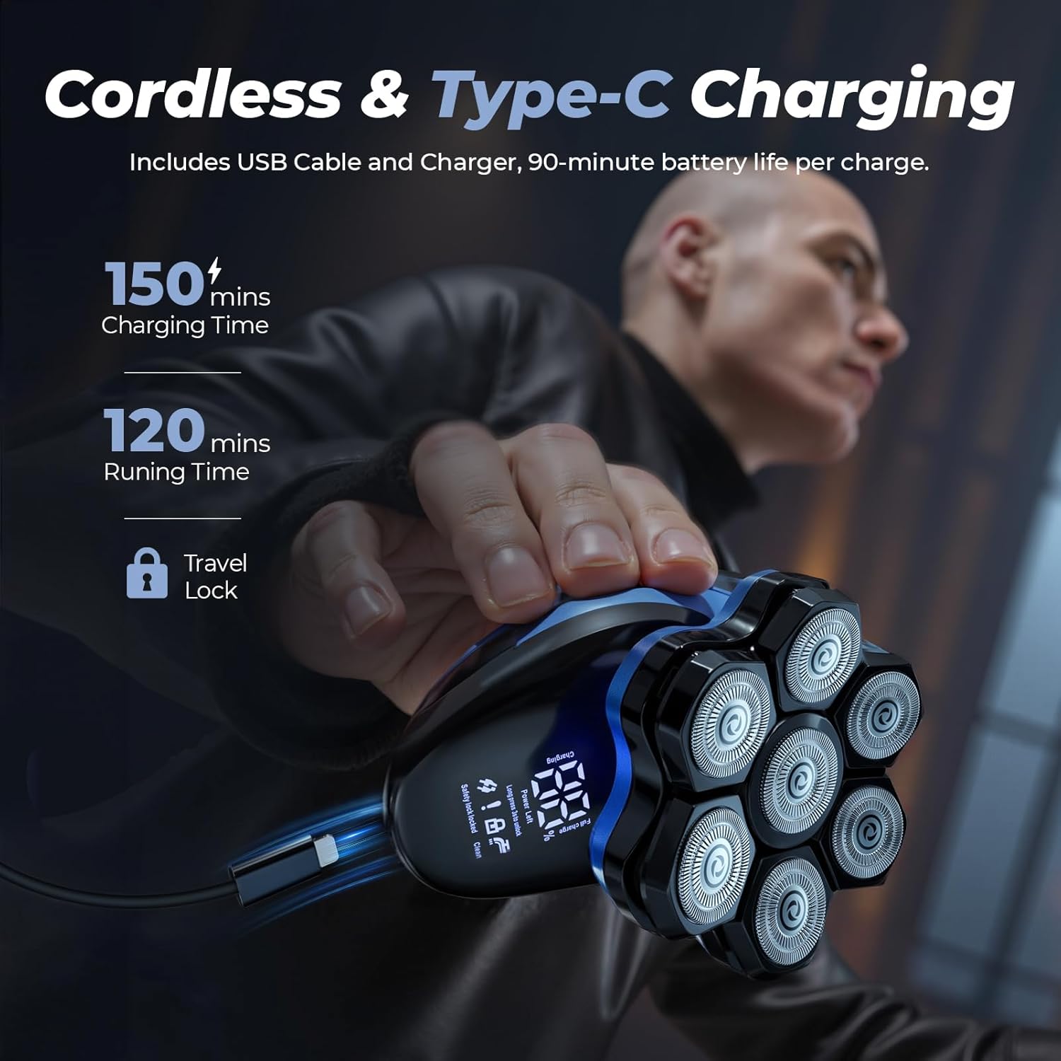 Head Shavers for Bald Men: 7D Bald Head Shavers for Men - Waterproof Wet or Dry Electric Razor - Smart LED Display / 90-Min Runtime/Type-C - Classic Motorcycle Style thumbnail