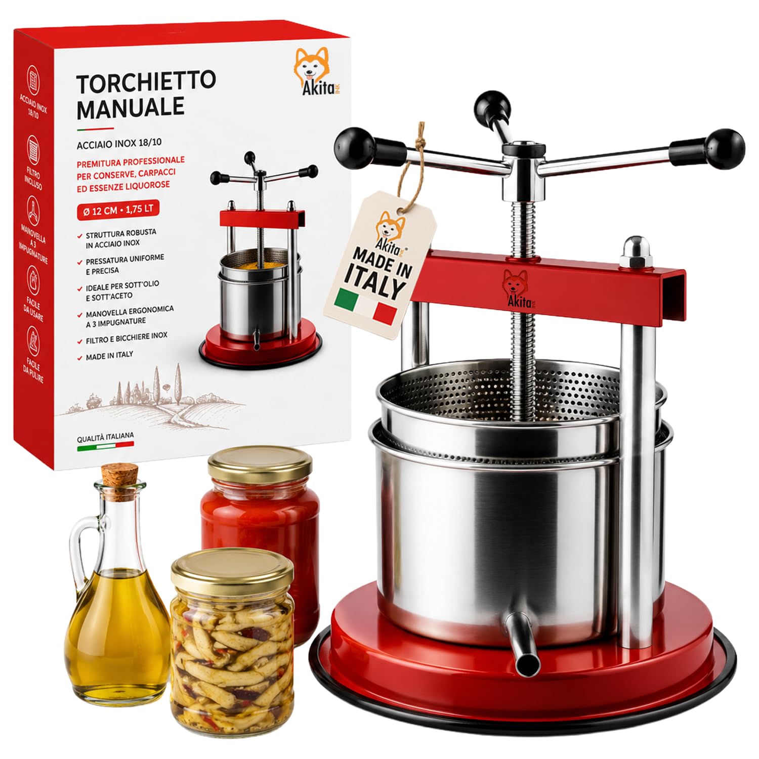 Akitaink Torchietto Manuale da Cucina 12 cm 1,75 L, Pressa con Bicchiere e Filtro in Acciaio Inox per Sottolio, Sottaceto, Carne e Frutta