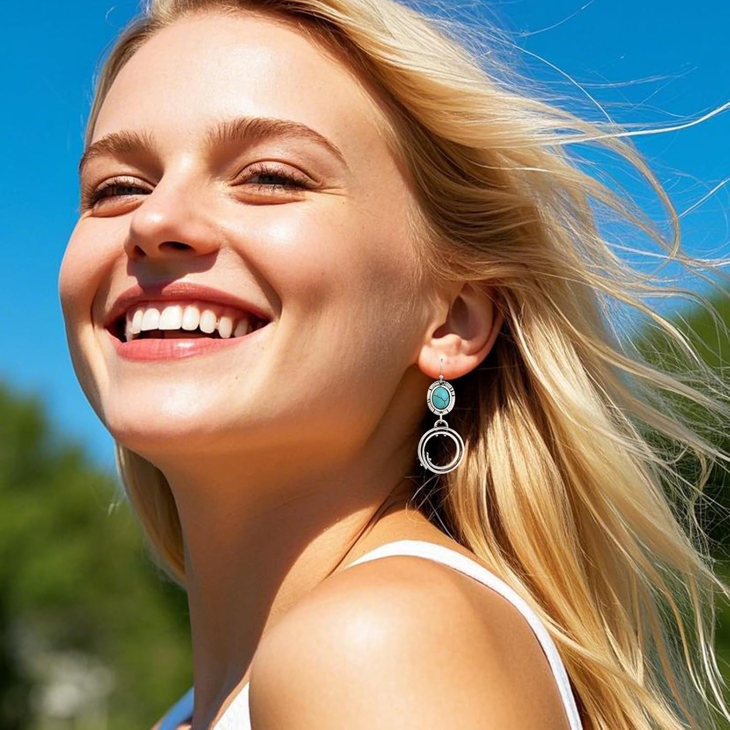 Silver Turquoise Dangle Earrings for Women Circle Drop Boho Earrings for Western Jewelry - Image 2