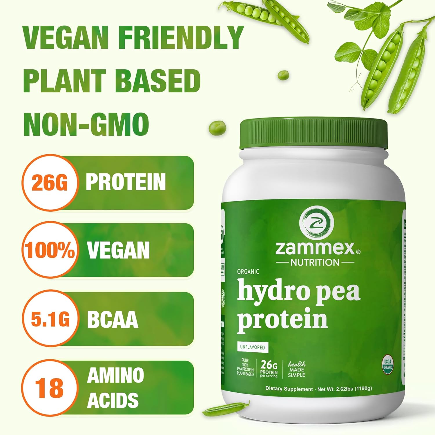 Zammex Organic Pea Protein Powder, 26g Protein, BCAA, Plant Based 100% Vegan Pea Protein, Gluten Free, Easy to Digest (2.62lbs, Natural) - Image 4