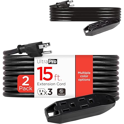UltraPro 15 Ft Indoor Extension Cords 2 Pack 3 Outlet Power Strip Long Extension Cord with Multiple Outlets Grounded Heavy Duty 16 Gauge ETL Listed Black 50791