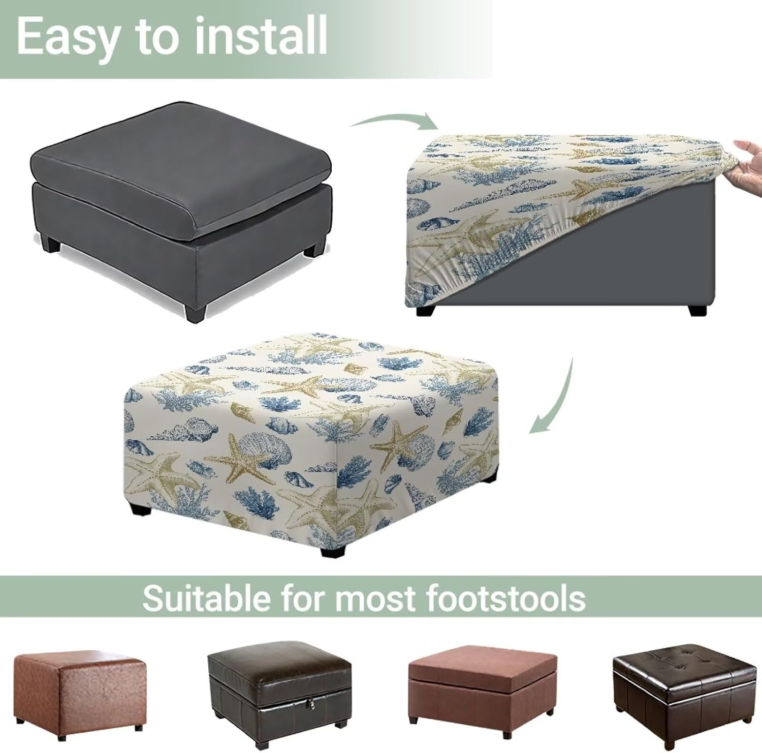 Stretch Ottoman Cover Slipcovers Square for Living Room Starfish Seashell Storage Foot Stool Covers to Fit Ottoman Foot Rest with Elastic Bottom