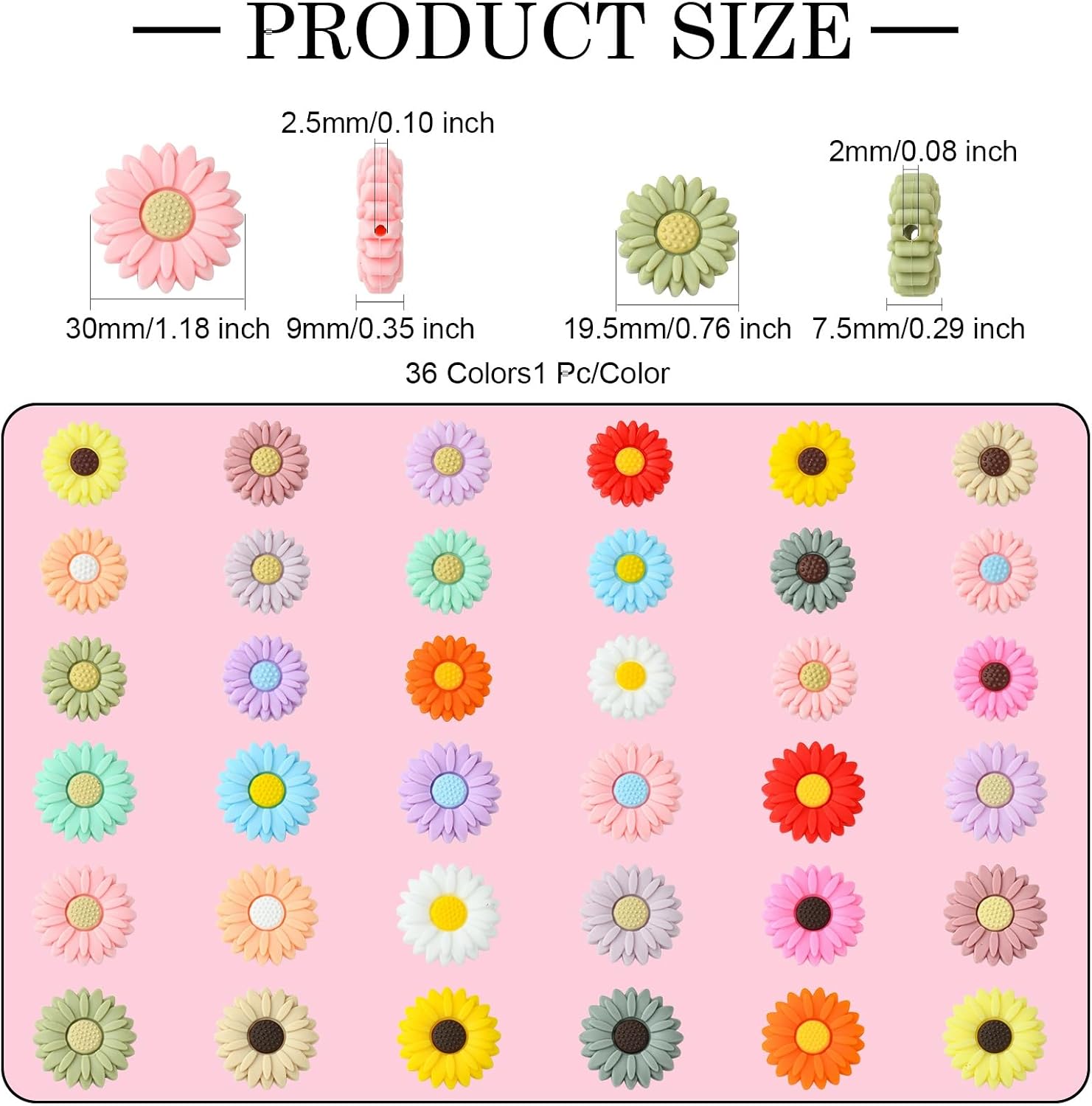LiQunSweet 36 Pcs 36 Styles Daisy Flower Silicone Beads Spring Floral Loose Beads for DIY Jewelry Bracelet Necklace Keychain Pen Craft Decoration