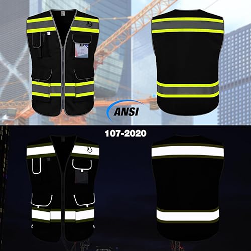 Miniatura 2 de TCCFCCT Hi Vis Chaleco de seguridad reflectante de alta visibilidad con 9 bolsillos para hombres y mujeres, chaleco de trabajo de construcción con