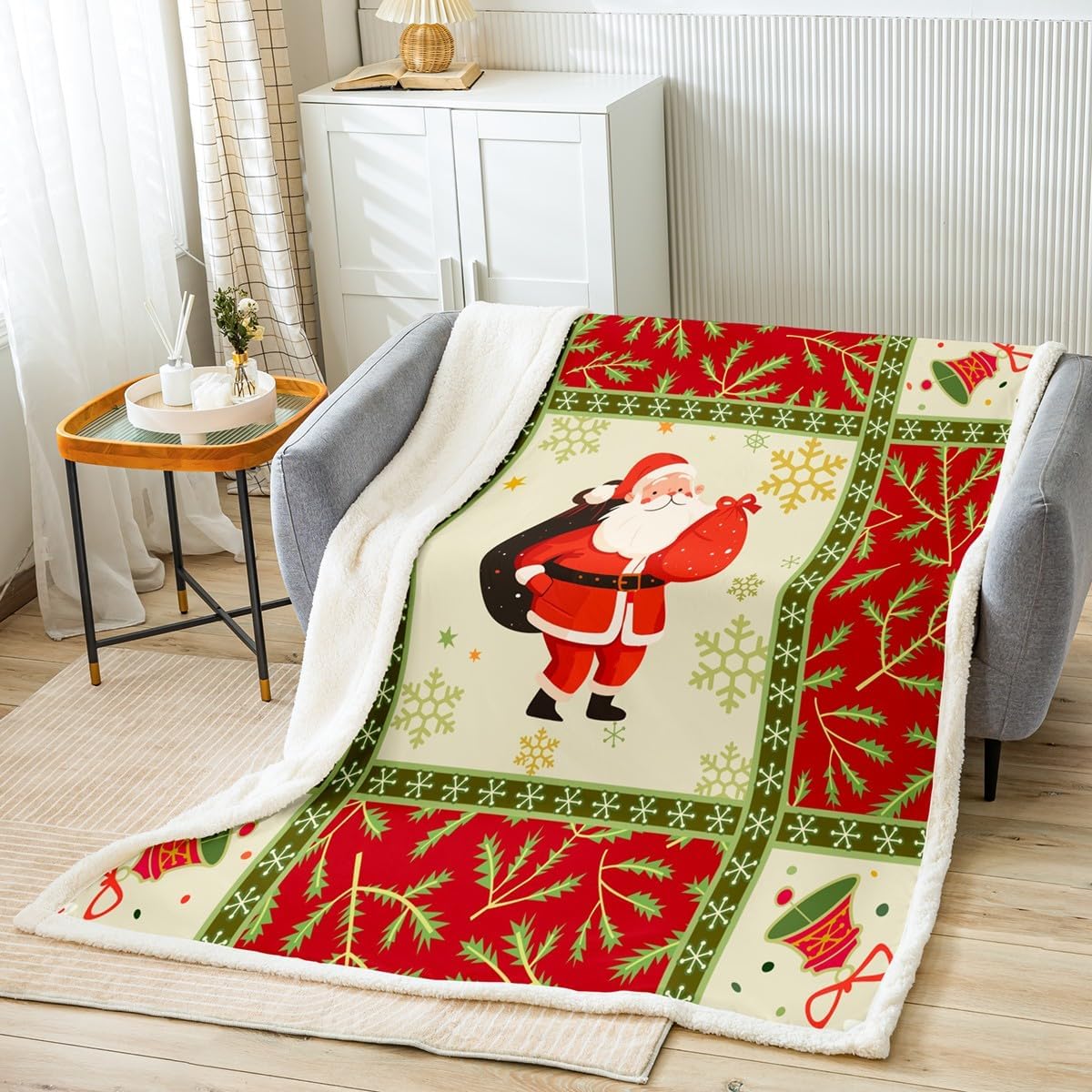 Erosebridal Christmas Throw Blanket for Kids Boys Girls,Santa Claus Blanket Xmas Decorations,Christmas Tree Branches Snowflake Fleece Blanket,Red Green Grid Patchwork Bed Blanket 60"x80"