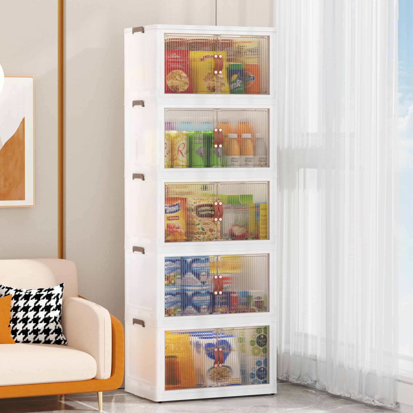 5 Pack 11.5 Gal Folding Storage Bins with Lids Doors, Closet Organizers and Storage, Plastic Stackable Storage Bins, Folding Foldable Storage Box with Doors, Collapsible Storage Box with 8 Wheels (4 large and 4 small) & 1 lid