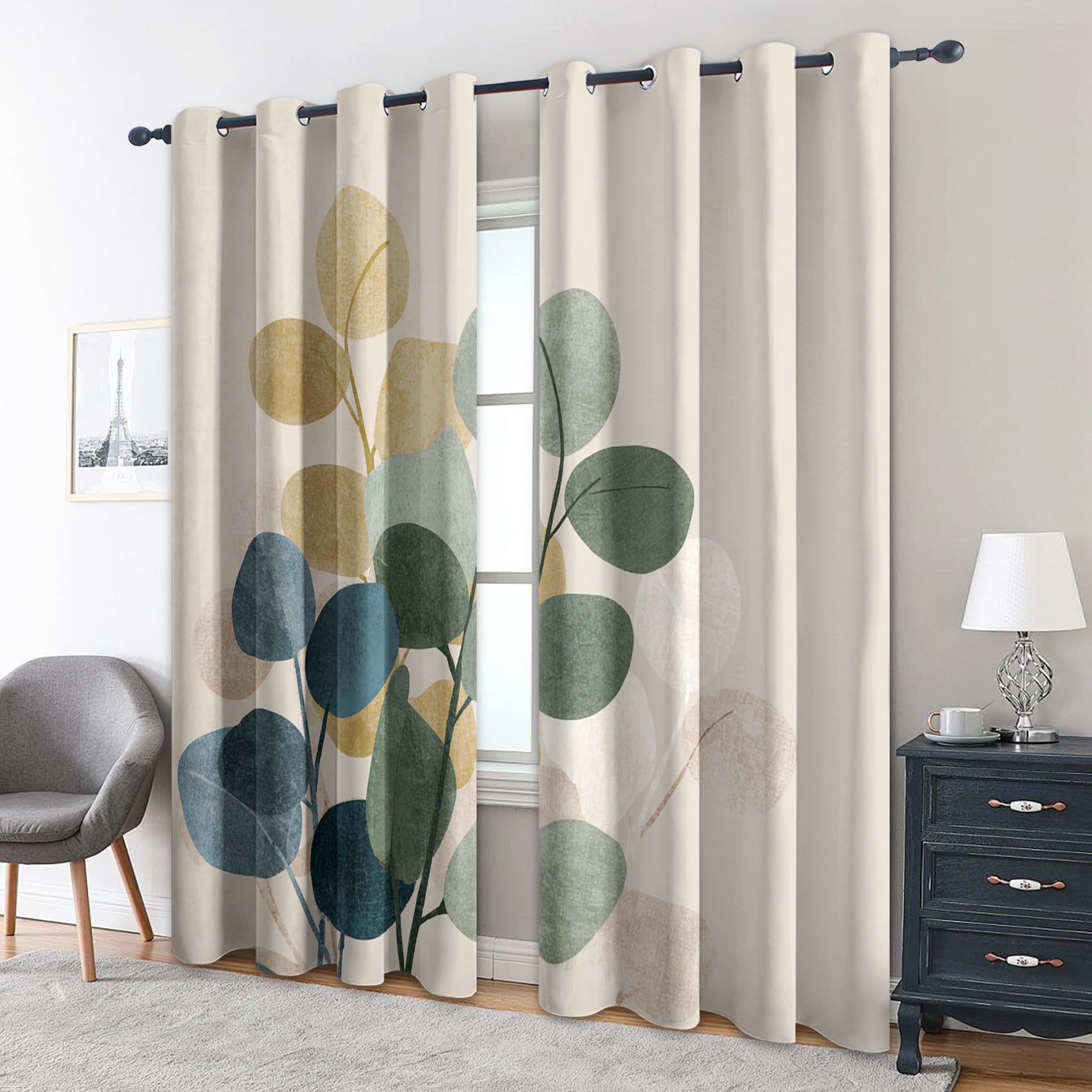 Generisch Eukalyptus Blätter Gardinen Blickdicht 2er Set, Vorhänge Blattmuster Landhausstil Motiv mit Ösen, Wohnzimmer Schlafzimmer Deko, Thermovorhang Verdunkelung, H 175 x B 140 - H443