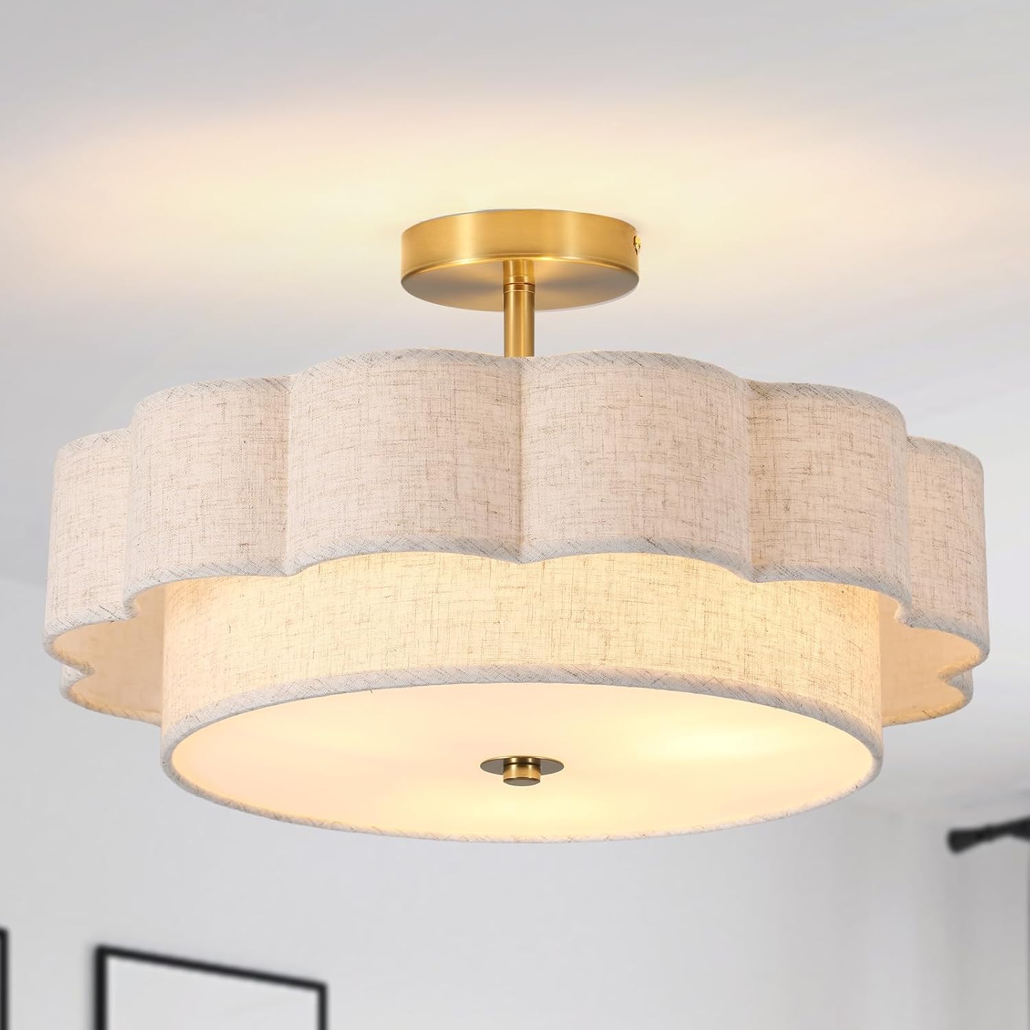 17.7" Modern Drum Semi Flush Mount Ceiling Light,3-Lights White Drum Ceiling Lighting Fixture,Vintage 2-Layer Linen Ceiling Lamp for Dining Room,Kitchen, Basement, Bedroom, Laundry Room