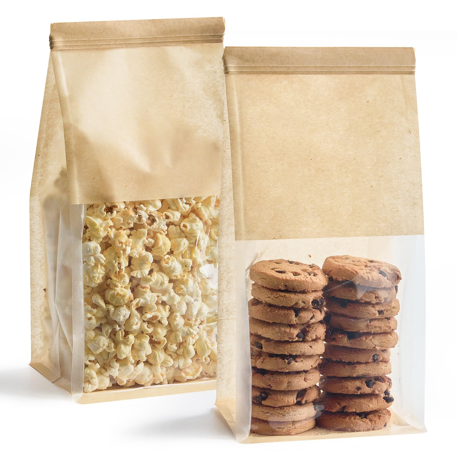 50 Pack Bakery Bags with Window, 5.1 x 3.9 x 11 Inches Kraft Paper Cookie Bags Tin Tie Tab Lock Treat Bags for Packaging Breads, Pastry, Donuts, Popcorns, Granola and Snacks