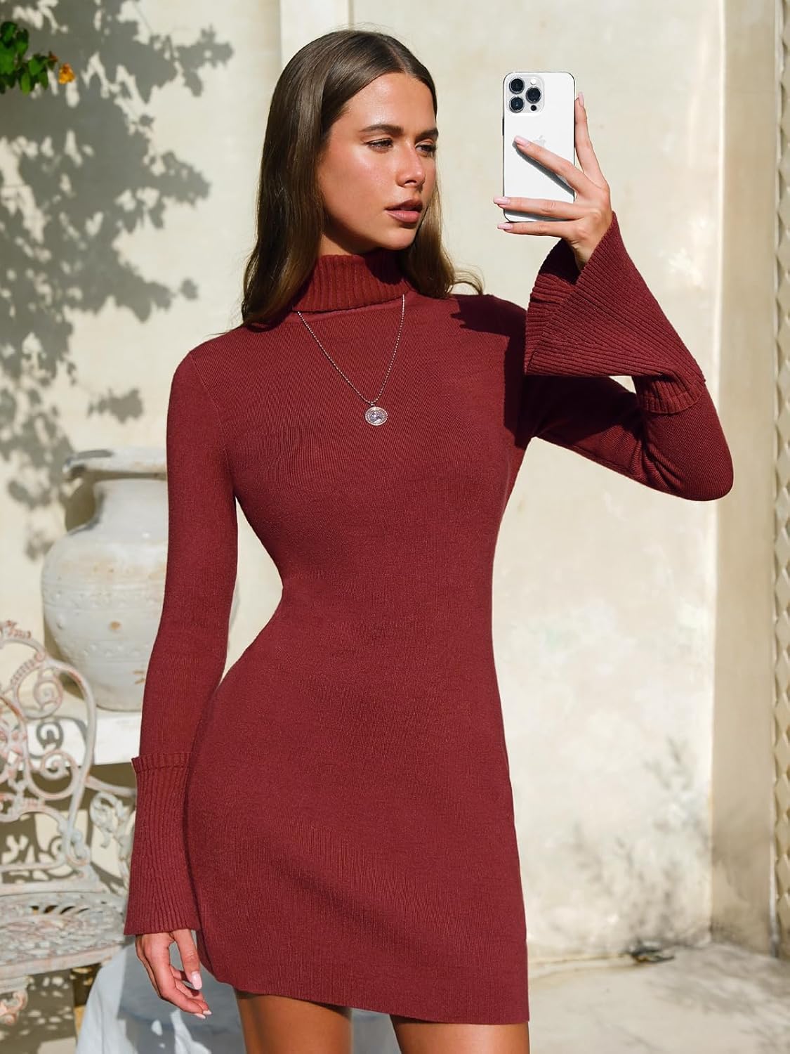EXLURA Women Sweater Dress Fall Winter Bell Long Sleeve Mini Dresses Turtleneck Pullover Ribbed Knit Stretch Bodycon Dress - Image 3
