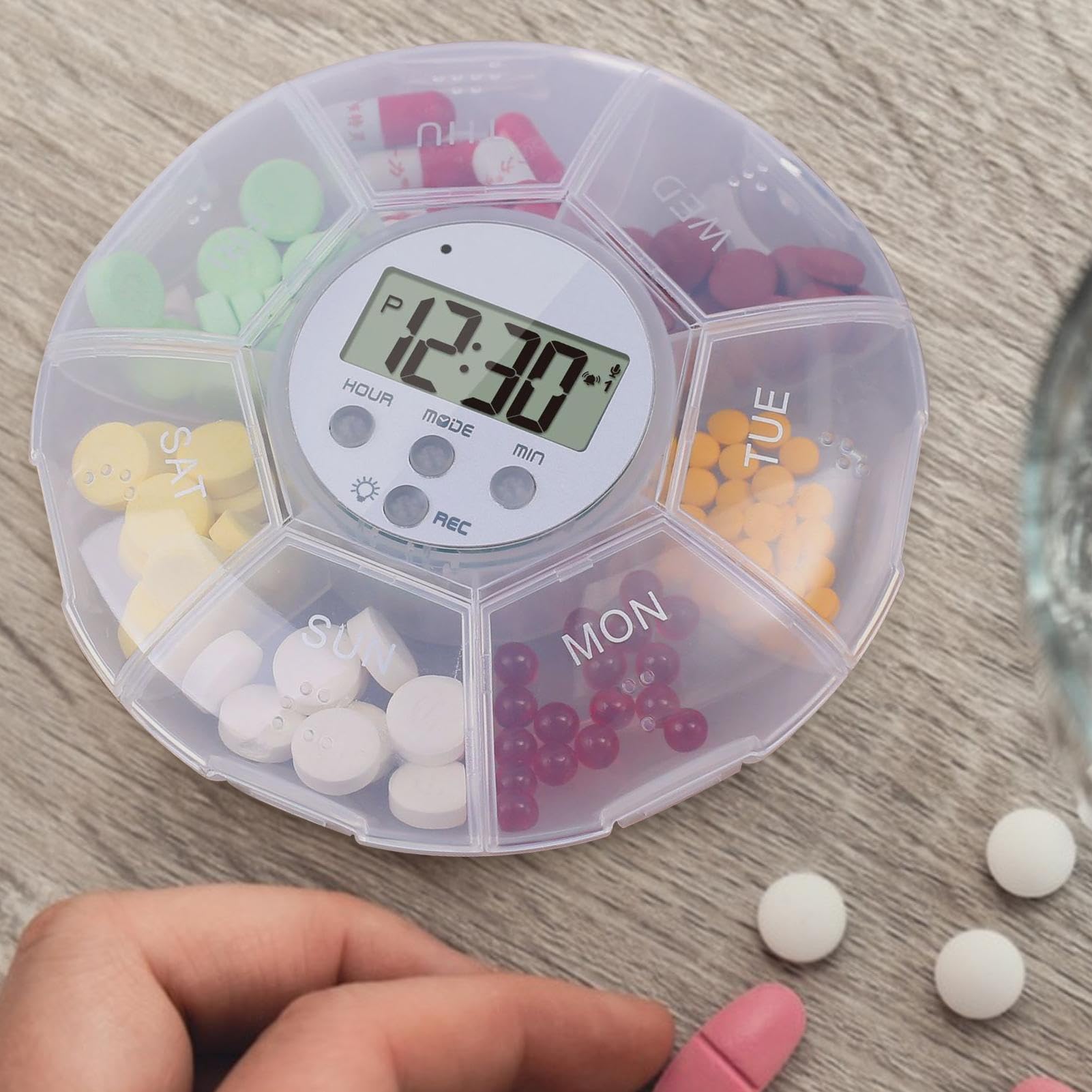 Dispensatore Elettrico Di Pastiglie - Portafarmaci Con Timer - Funzione di Registrazione, 7 Scomparti, Portapillole per Integratori e Prodotti per la Salute