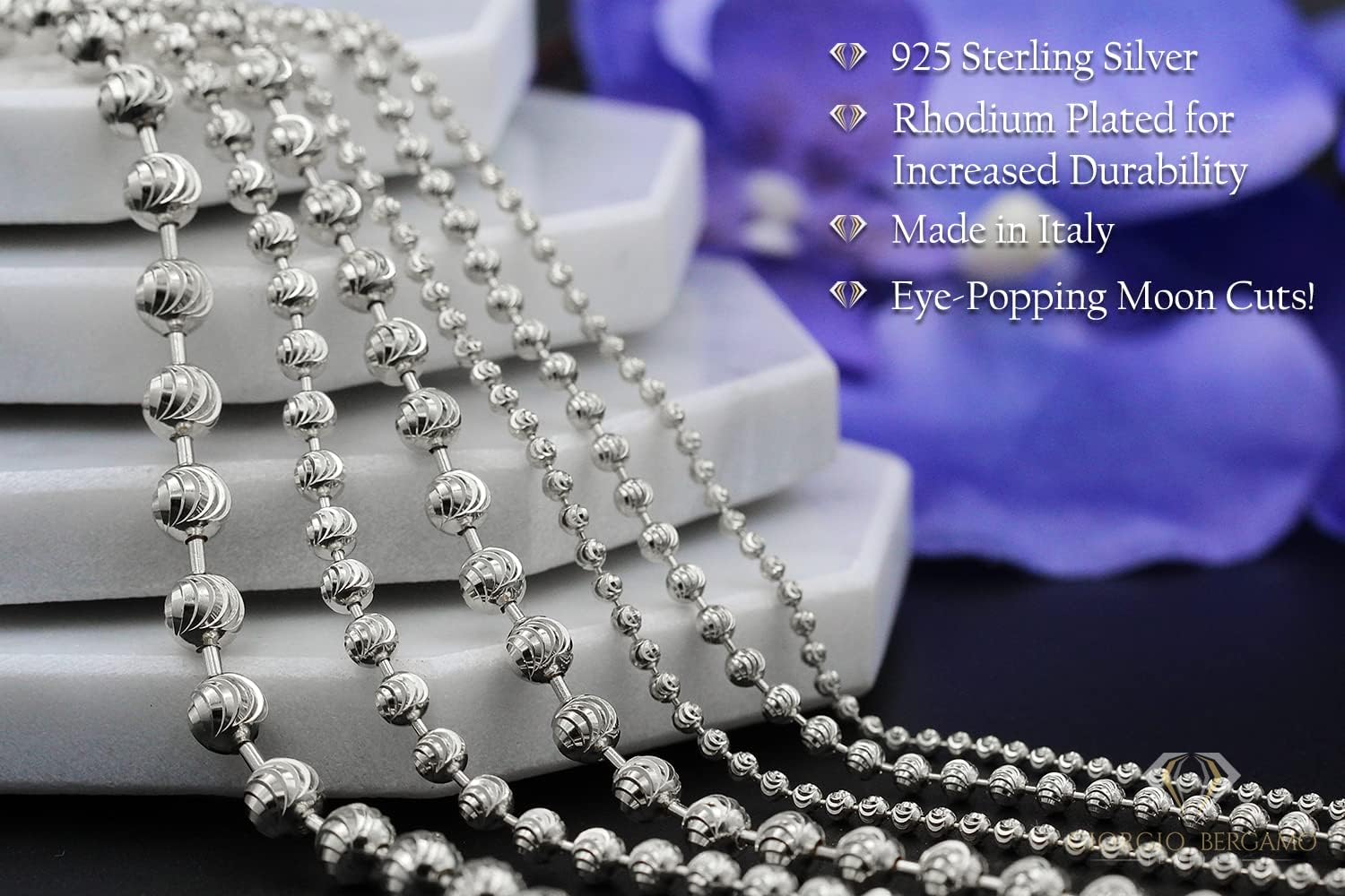 Giorgio Bergamo 925 Italian Sterling Silver 2mm - 4mm Ball Bead Moon Cut Chain, Rhodium Dog Tag Solid Necklace or Bracelet