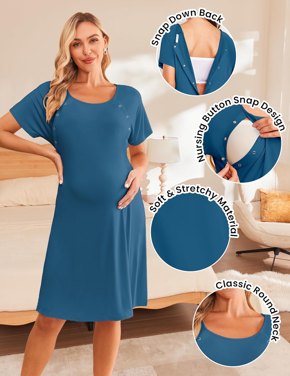 Ekouaer Women’s Nursing/Delivery/Labor/Hospital Nightdress Short Sleeve Maternity Nightgown with Button S-XXL