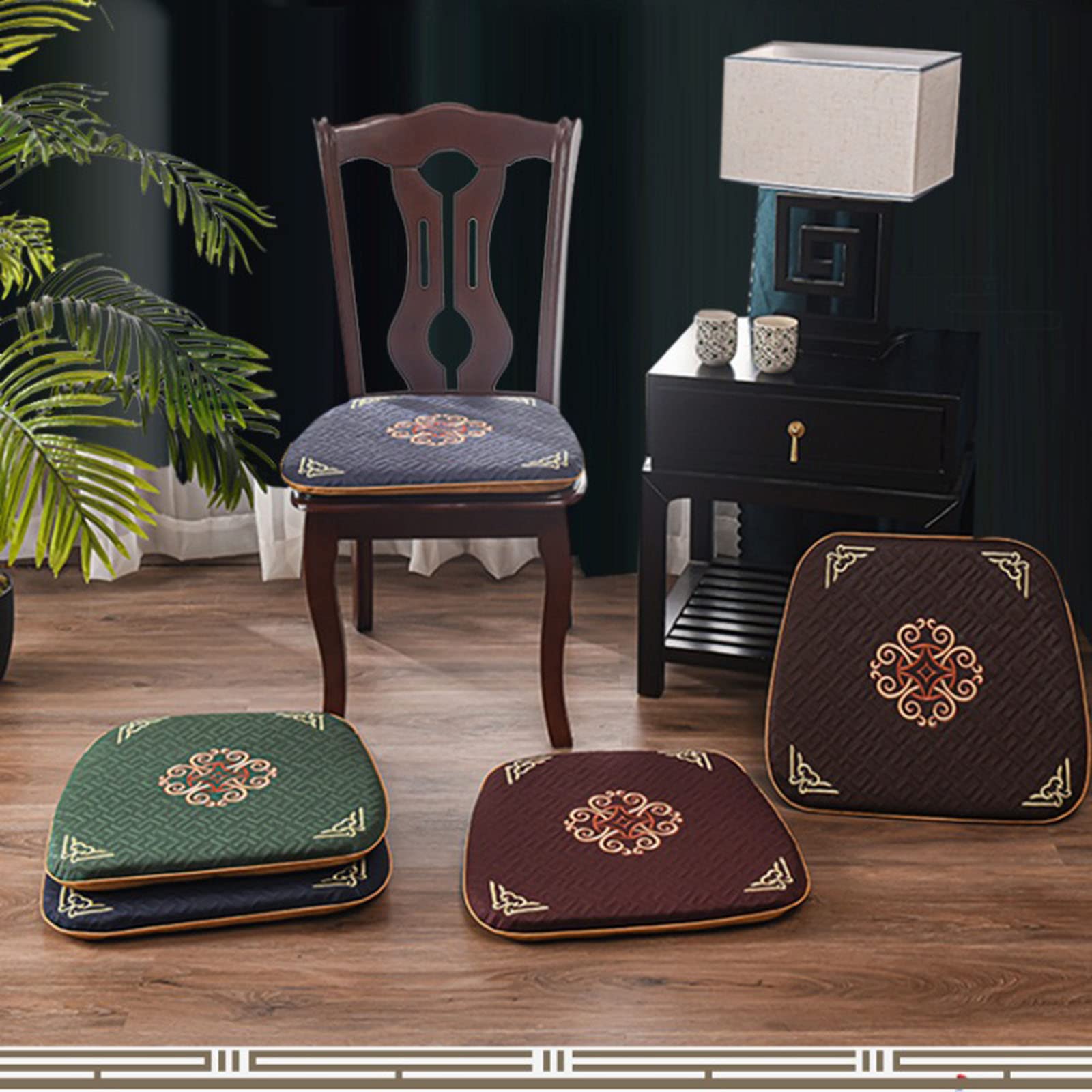 ZTGL Chair Pads with Ties for Dining Room Chairs Cotton and Linen Embroidery Padded Cushion Non Slip U Shaped Kitchen Chair Seat Cushions with Detachable Cover 45x42cm,Brown red,Pack of 6