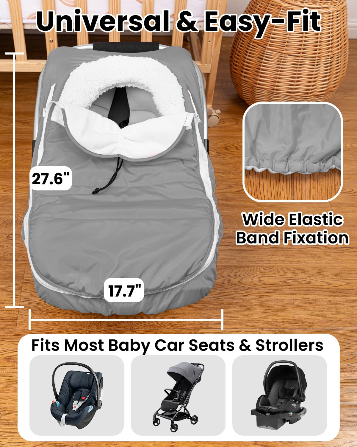 TinyPalsa Winter Baby Carseat Cover, Warm Cozy Infant Car Seat Covers with Plush Lining for Cold Weather, Waterproof Carseat Canopy with Adjustable Collar, Universal Fit for Boys & Girls (Grey) - Image 6