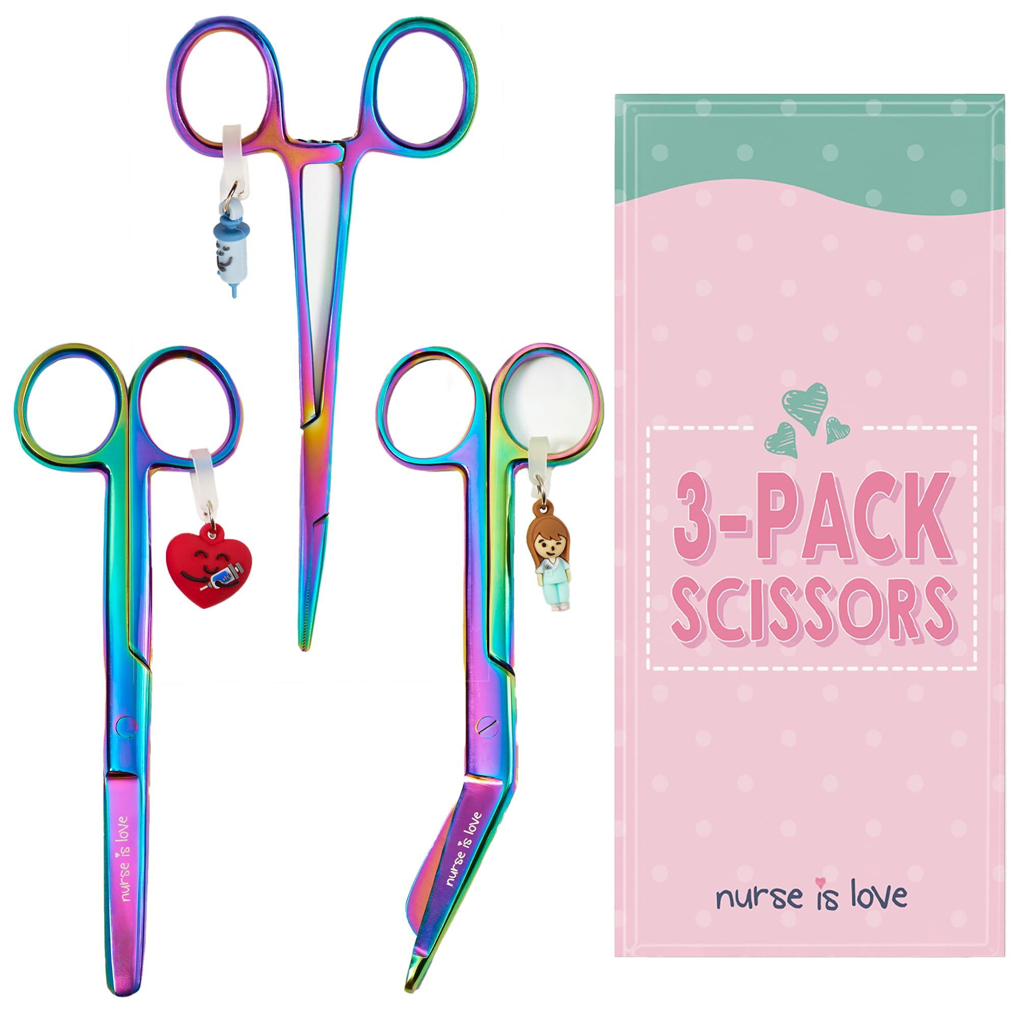 Nurse is Love Set 3 pièces Ciseaux Infirmiers Pico de Pato & Droits Mayo + Outil de Fixation | Ciseaux à Pointe Roma, Accessoires Infirmière, Premiers Secours - Cromium