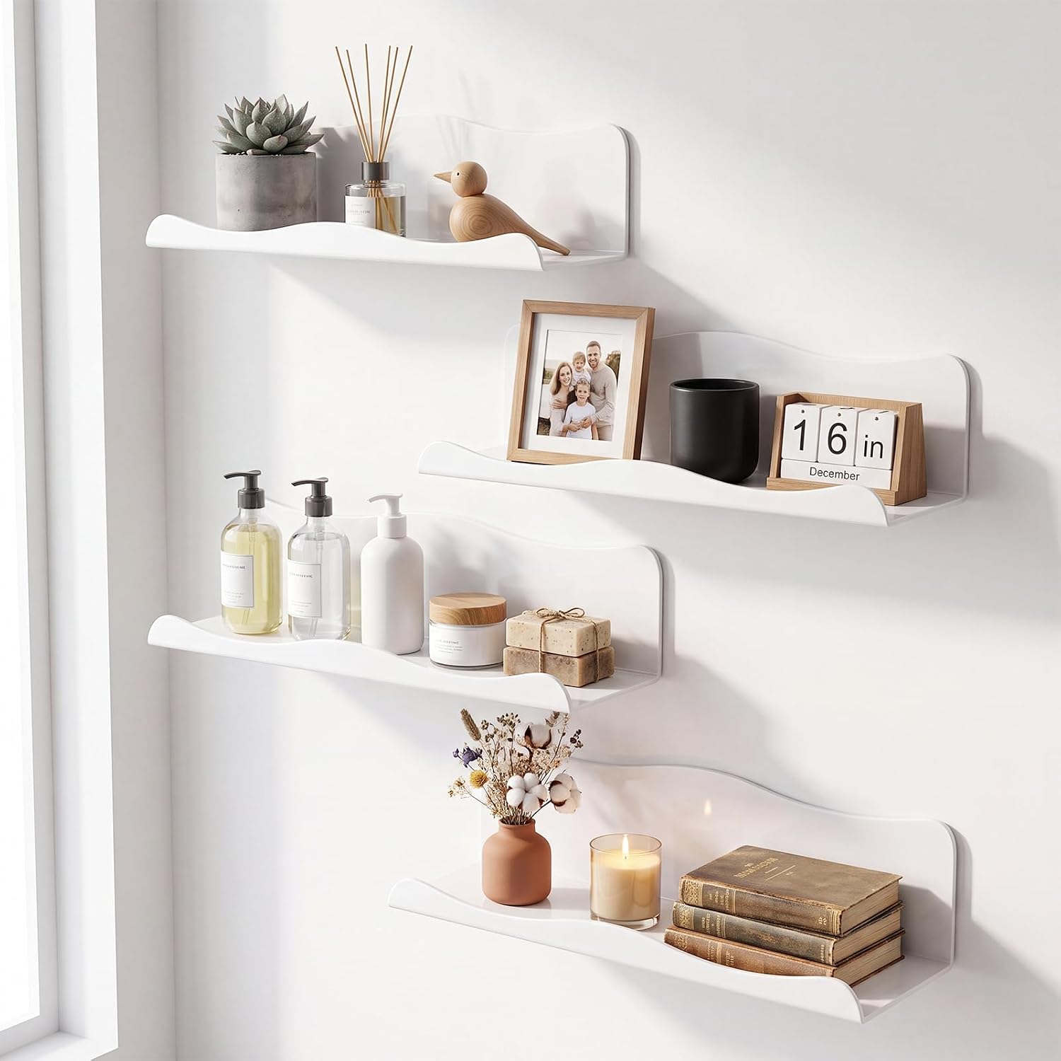 Pinkunn 4 Pack 16 Inch Acrylic Floating Shelves for Wall, White, No Drill | Rental Wall Storage, Wave Edge Front Lip, Wipe Clean Surface, Bathroom Essentials, Kitchen Spice Shelf, Frame Display Ledge