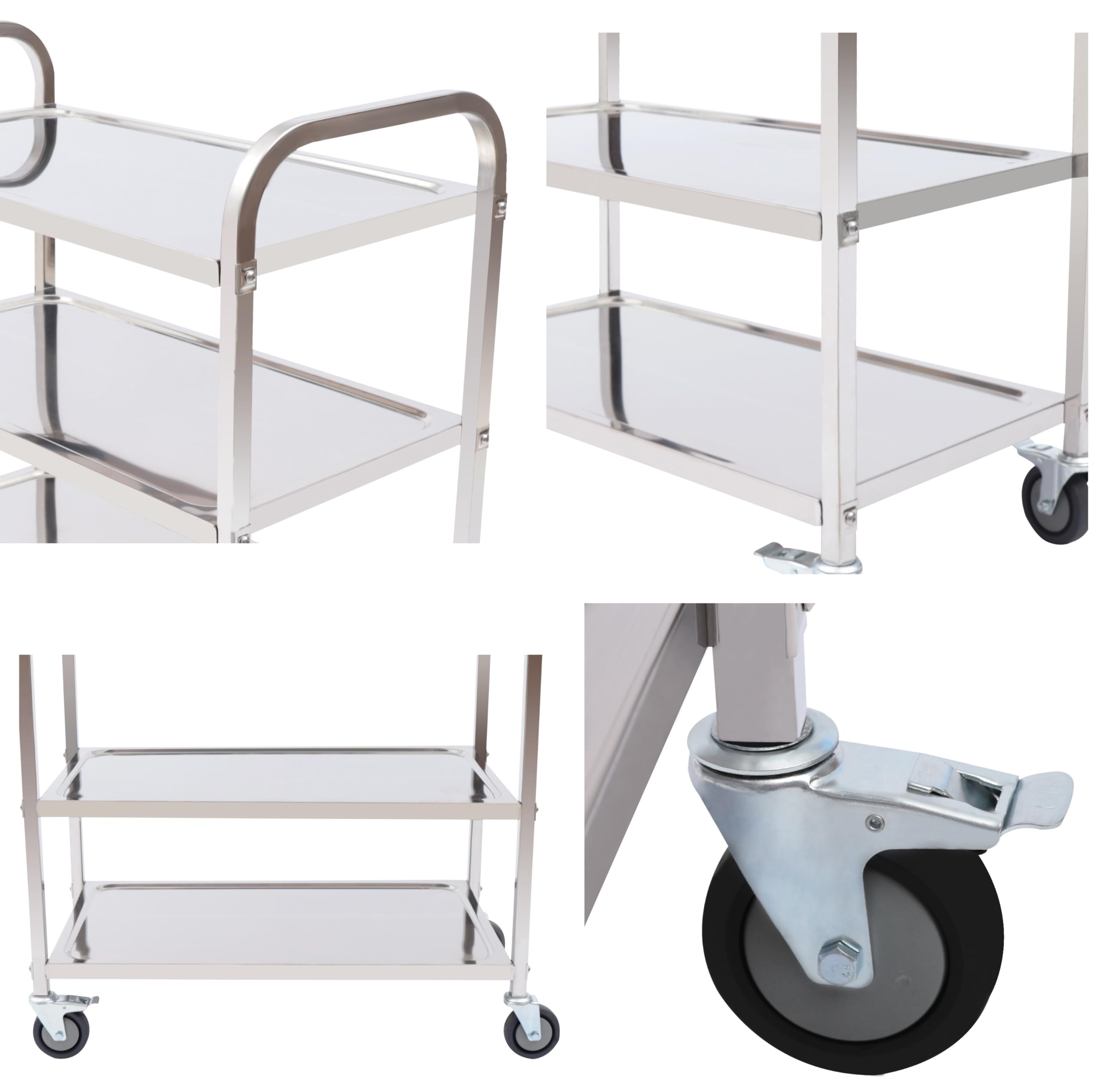 Carro de servicio de acero inoxidable de 3 niveles, capacidad de carga 20 kg por capa, carrito de alimentos con freno para restaurante, hotel, 75 x 40 x 83,5 cm