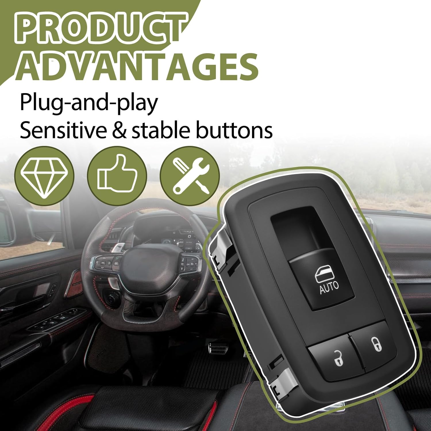 Power Window Switch Front Passenger Side Compatible with Ram 1500 2019-2024 Replaces 920-542