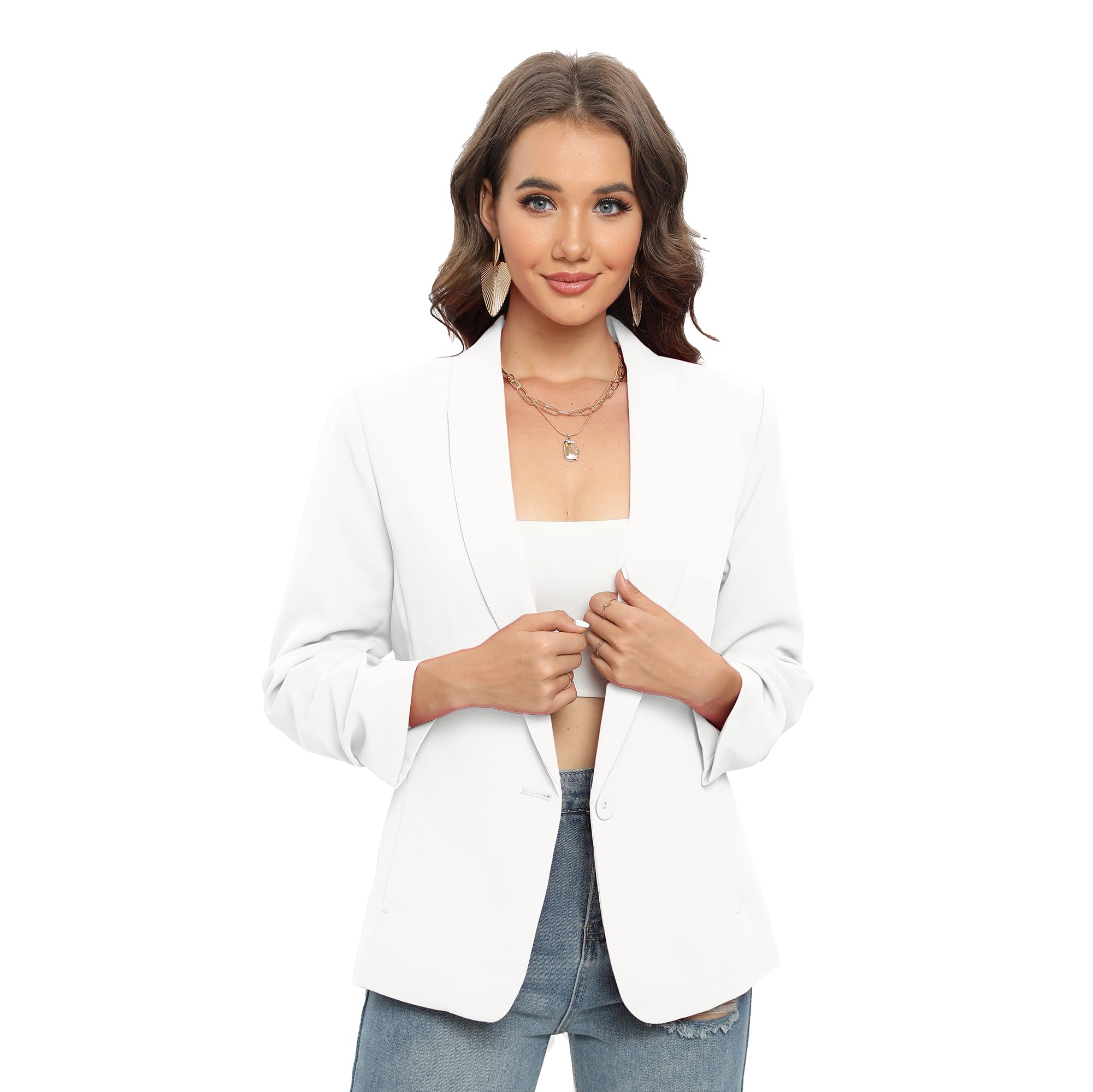 TRNY Blazer da donna con maniche arricciate, scialle con risvolto, giacche con tasche, per lavoro, casual e ufficio
