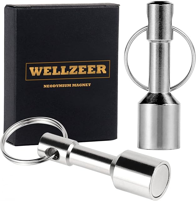 Keychain Magnet for Testing Brass,Keychain Pocket Magnets for Purse with Strong Magnetic Rare Earth Neodymium,Gold,Silver, Jewelry,Ferrous Metals Test Magnet Hanging Keys Holder WELLZEER (2PACK-D12mm)