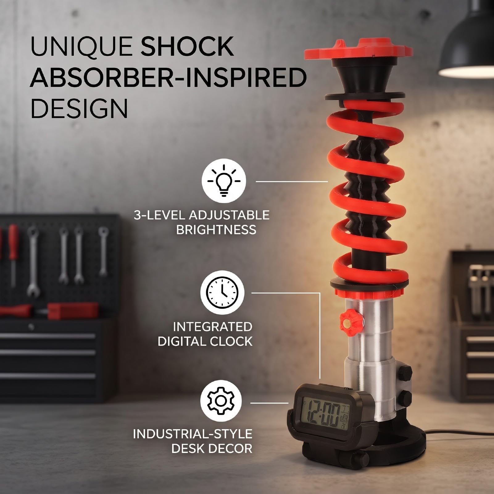 banapoy Lampada da Tavolo Ammortizzatore con Orologio Digitale | Lampada da Notte a LED in Stile Industriale, 3 Livelli di luminosità, Sveglia Digitale con Stampa 3D, Decor da scrivania