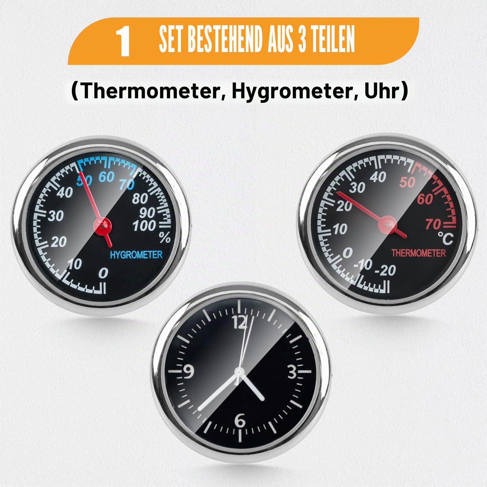 Riloer Elektronische Auto-Uhr mit Zifferblatt + Thermometer + Hygrometer 1 Set 3 Stück