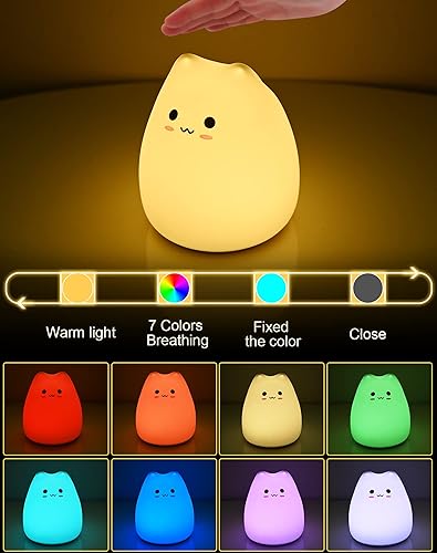 Miniatura 2 de Luz nocturna LED para gatos, luz nocturna alimentada por pilas para niños, bonita lámpara multicolor de silicona con blanco cálido y modo de